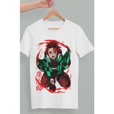 Fuddy Moda Oversize Demon Slayer Tanjiro Kamado Baskılı T-Shirt, Unisex Anime Baskılı Tişört - Beyaz - 4XL
