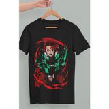 Fuddy Moda Oversize Demon Slayer Tanjiro Kamado Baskılı T-Shirt, Unisex Anime Baskılı Tişört - Siyah - XS