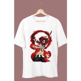Fuddy Moda Oversize Demon Slayer Yoriichi Tsugikuni Baskılı T-Shirt, Unisex Anime Baskılı Tişört - Beyaz - 3XL