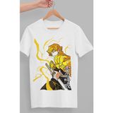 Fuddy Moda Oversize Demon Slayer Zenitsu Karakteri Baskılı T-Shirt, Unisex Anime Baskılı Tişört - Beyaz - XS