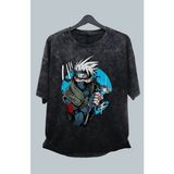 Fuddy Moda Oversize Naruto Kakashi Baskılı Yıkamalı T-Shirt, Unisex Anime Baskılı Retro Tişört - 3XL - Siyah