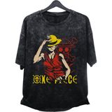 Fuddy Moda Oversize One Piece Luffy Ex2 Baskılı Yıkamalı T-Shirt, Unisex Anime Baskılı Eskitme Tişört - 4XL - Siyah