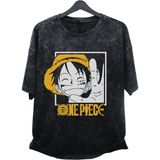 Fuddy Moda Oversize One Piece Luffy Manga Baskılı Yıkamalı T-Shirt, Unisex Anime Baskılı Retro Tişört - Siyah