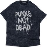 Fuddy Moda Oversize Punks Not Dead Baskılı Yıkamalı T-Shirt, Unisex Punk Baskılı Retro Tişört - XL - Siyah