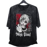 Fuddy Moda Oversize Tokyo Ghoul Kaneki Baskılı Yıkamalı T-Shirt, Unisex Anime Baskılı Vintage Tişört - 4XL - Siyah
