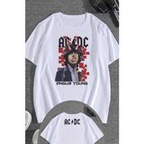 Fuddy Moda Unisex Ac Dc Angus Young Ense Baskılı Tişört, Oversize Rock Grubu Temalı T-Shirt - Beyaz