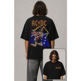 Fuddy Moda Unisex Ac-Dc Australia Flag Sırt Baskılı Tişört, Oversize Rock Band Temalı Bisiklet Yaka T-Shirt - Siyah
