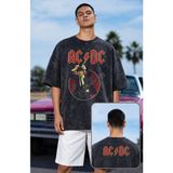 Fuddy Moda Unisex Ac-Dc Ense Baskılı Yıkamalı T-Shirt, Oversize Rock Band Temalı Retro Tişört - Siyah
