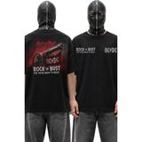 Fuddy Moda Unisex Ac-Dc Rock Or Bust Sırt Baskılı Tişört, Oversize Rock Band Temalı Bisiklet Yaka T-Shirt - Siyah