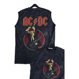 Fuddy Moda Unisex Ac Dc Sırt Baskılı Yıkamalı Kolsuz Vintage Tişört - XS - Siyah