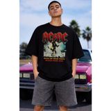 Fuddy Moda Unisex Ac-Dc World Tour 1988 Baskılı Tişört, Oversize Rock Band Temalı Bisiklet Yaka T-Shirt - Siyah