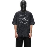 Fuddy Moda Unisex Bon Iver Heart Baskılı Yıkamalı Tişört, Oversize Rock Band Temalı Vintage T-Shirt - Siyah - XS