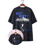 Fuddy Moda Unisex But Why Yalnız Penguen Sırt Baskılı Yıkamalı T-Shirt, Oversize Nihilist Penguen Tişört - Siyah - XL