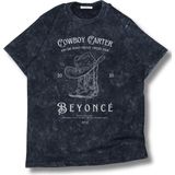 Fuddy Moda Unisex Cowboy Carter Yazılı Yıkamalı T-Shirt, Oversize Beyonce Temalı Retro Tişört - Siyah - XS