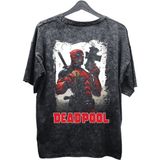 Fuddy Moda Unisex Deadpool Baskılı Yıkamalı Tişört, Oversize Marvel Comics Baskılı Eskitme T-Shirt - 3XL - Siyah