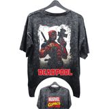 Fuddy Moda Unisex Deadpool Baskılı Yıkamalı Tişört, Oversize Marvel Comics Baskılı Eskitme T-Shirt - Siyah