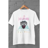 Fuddy Moda Unisex Def Leppard Ense Baskılı T-Shirt, Oversize Rock-Metal Müzik Temalı Tişört - XL - Beyaz