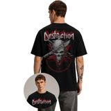 Fuddy Moda Unisex Destruction Sırt Baskılı Bisiklet Yaka Tişört, Oversize Rock Band Temalı Tshirt - Siyah - 3XL