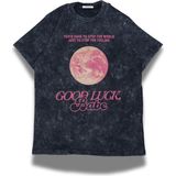 Fuddy Moda Unisex Good Luck Babe Yazılı Yıkamalı T-Shirt, Oversize Chappell Roan Temalı Retro Tişört - Siyah - XS