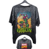 Fuddy Moda Unisex Green Goblin Baskılı Yıkamalı Tişört, Oversize Marvel Comics Baskılı Retro T-Shirt - Siyah