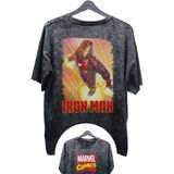 Fuddy Moda Unisex Iron Man Baskılı Yıkamalı Tişört, Oversize Marvel Comics Baskılı Eskitme T-Shirt - Siyah