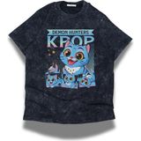Fuddy Moda Unisex Kpop Demon Hunters Yazılı Yıkamalı T-Shirt, Oversize Sevimli Derpy Baskılı Tişört - Siyah - 4XL