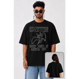 Fuddy Moda Unisex LED Zeppelin Usa 1977 Baskılı T-Shirt, Oversize Rock Müzik Temalı Tişört - 2XL - Siyah