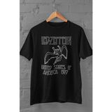 Fuddy Moda Unisex LED Zeppelin Usa 1977 Baskılı T-Shirt, Oversize Rock Müzik Temalı Tişört - Siyah