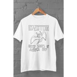 Fuddy Moda Unisex LED Zeppelin Usa 1977 Baskılı T-Shirt, Oversize Rock Müzik Temalı Tişört - XS - Beyaz