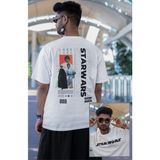 Fuddy Moda Unisex Luke Skywalker Sırt Baskılı Tişört, Oversize Star Wars Yazılı T-Shirt - Beyaz