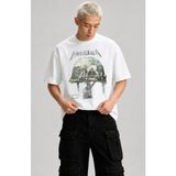 Fuddy Moda Unisex Metallica Disposable Heroes Baskılı Tişört, Oversize Rock Band Temalı Bisiklet Yaka Tshirt - Beyaz - 2XL