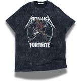 Fuddy Moda Unisex Metallica Fort.nite Baskılı Yıkamalı T-Shirt, Oversize Rock Band Temalı Retro Tişört - Siyah