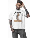 Fuddy Moda Unisex Metallica Fort.nite Yazılı Tişört, Oversize Rock Band Temalı T-Shirt - Beyaz - XL
