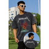 Fuddy Moda Unisex Metallica Hardwired Ense Baskılı Yıkamalı Tişört, Oversize Rock Band Temalı Retro Tshirt - Siyah - XS