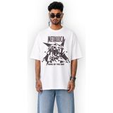 Fuddy Moda Unisex Metallica Hero Of The Day Baskılı Tişört, Oversize Rock Band Temalı Bisiklet Yaka Tshirt - Beyaz - 2XL