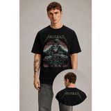 Fuddy Moda Unisex Metallica Ikonik Kuru Kafa Ense Baskılı Tişört, Oversize Rock Band Temalı Tshirt - Siyah - XS