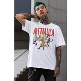 Fuddy Moda Unisex Metallica Members Cartoon Style Baskılı Tişört, Oversize Rock Band Temalı Tshirt - Beyaz - 2XL