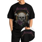 Fuddy Moda Unisex Metallica Skull And Rose Ense Baskılı Bisiklet Yaka Tişört, Oversize Rock Band Temalı Tshirt - Siyah - XS