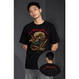 Fuddy Moda Unisex Metallica Skull Bomb Ense Baskılı Tişört, Oversize Rock Band Temalı Bisiklet Yaka Tshirt - Siyah - XL