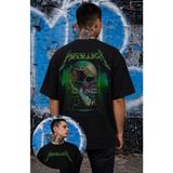 Fuddy Moda Unisex Metallica Skull Green Style Sırt Baskılı Tişört, Oversize Rock Band Temalı Tshirt - Siyah - 3XL