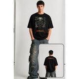 Fuddy Moda Unisex Metallica Skull With Gas Mask Ense Baskılı Tişört, Oversize Rock Band Temalı Tshirt - Siyah