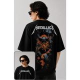 Fuddy Moda Unisex Metallica Viking Sırt Baskılı Bisiklet Yaka Tişört, Oversize Rock Band Temalı Tshirt - Siyah - 3XL