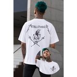 Fuddy Moda Unisex Metallifukinca Sırt Yazılı Bisiklet Yaka Tişört, Oversize Funny Metallica Baskılı Tshirt - Beyaz
