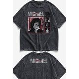 Fuddy Moda Unisex Michael Jackson Ense Baskılı Yıkamalı Tişört, Oversize The King Of Pop Vintage Tshirt - Siyah - XS
