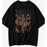 Fuddy Moda Unisex Nirvana Angel Baskılı Bisiklet Yaka Tişört, Oversize Rock Band Temalı Tshirt - Siyah - XL