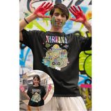 Fuddy Moda Unisex Nirvana Animasyon Baskılı Tişört, Oversize Rock Band Temalı T-Shirt - Siyah - XL