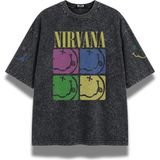 Fuddy Moda Unisex Nirvana Kol Baskılı Yıkamalı Tişört, Oversize Rock Band Temalı Retro Tshirt - Siyah