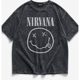 Fuddy Moda Unisex Nirvana Logo Baskılı Yıkamalı Tişört, Oversize Rock Band Temalı Retro Tshirt - Siyah - 3XL