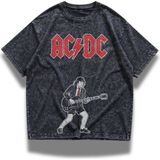 Fuddy Moda Unisex Oversize Ac-Dc Guitarist Baskılı Yıkamalı Rock Band Temalı Vintage T-Shirt - Siyah
