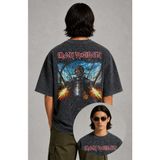 Fuddy Moda Unisex Oversize Iron Maiden Sırt Baskılı Yıkamalı Rock Band Tişört - Siyah - XL